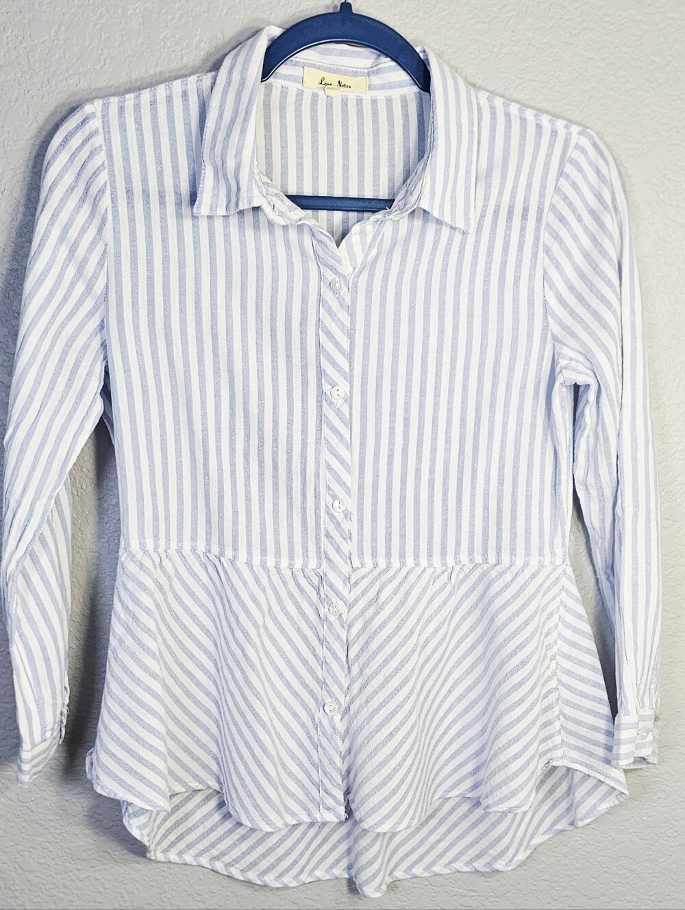 Love Notes Blue & White Striped Peplum Button Front Blouse Medium 100% Cotton